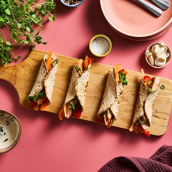 Wraps med stegte strimler og hummus